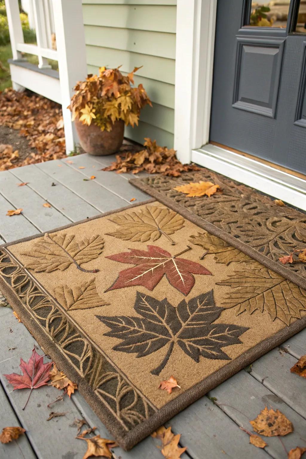 Foliage-patterned doormat encapsulating the essence of fall.