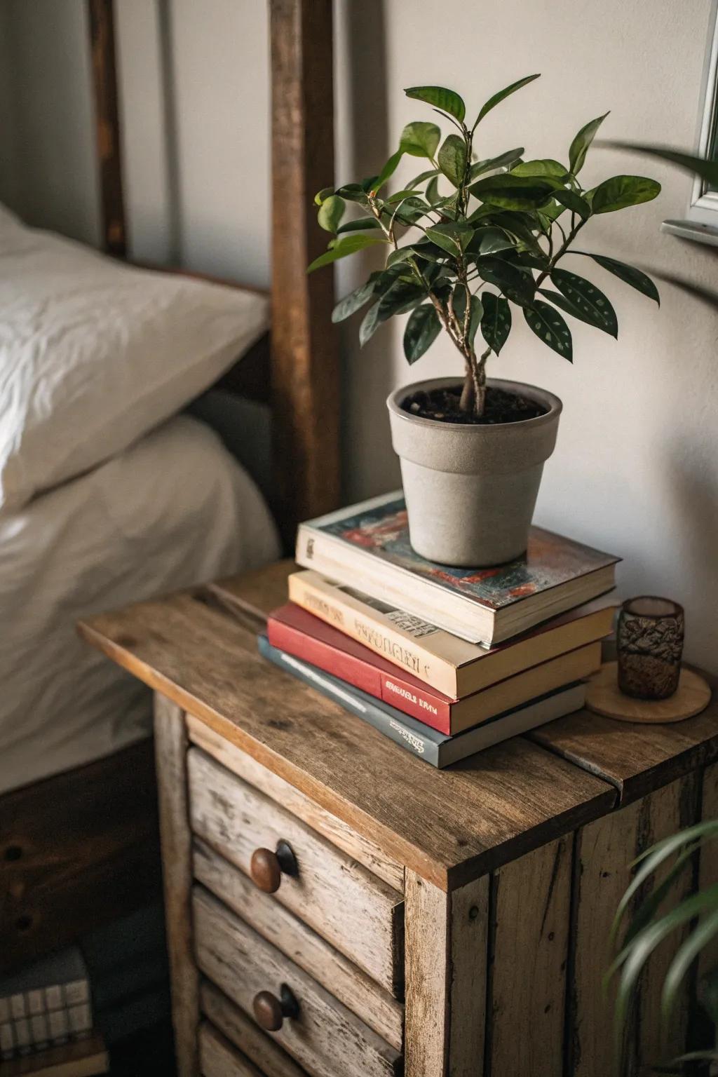 Greenery adds freshness to the nightstand decor.