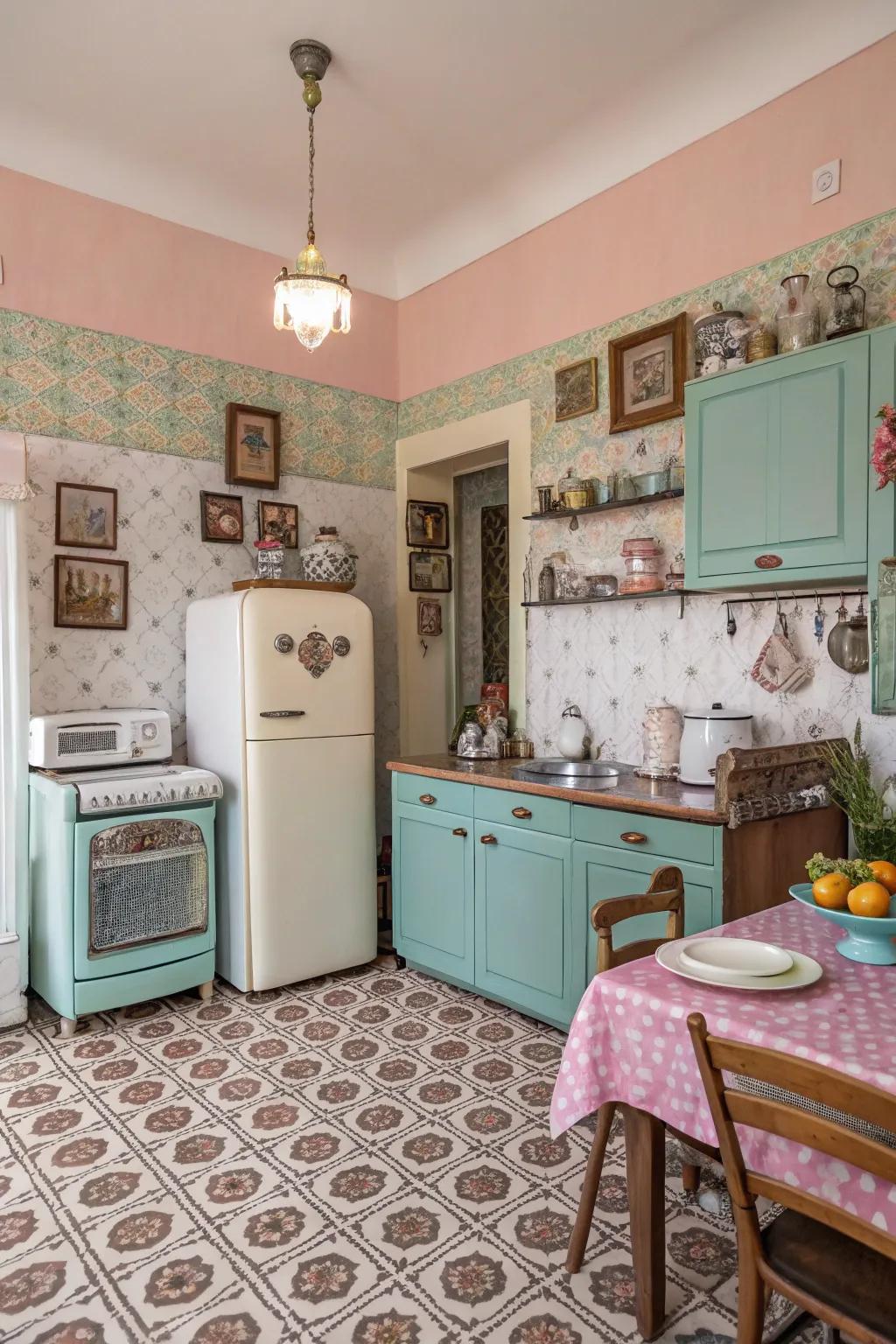 Muted pastels brighten up this farmhouse kitchen.