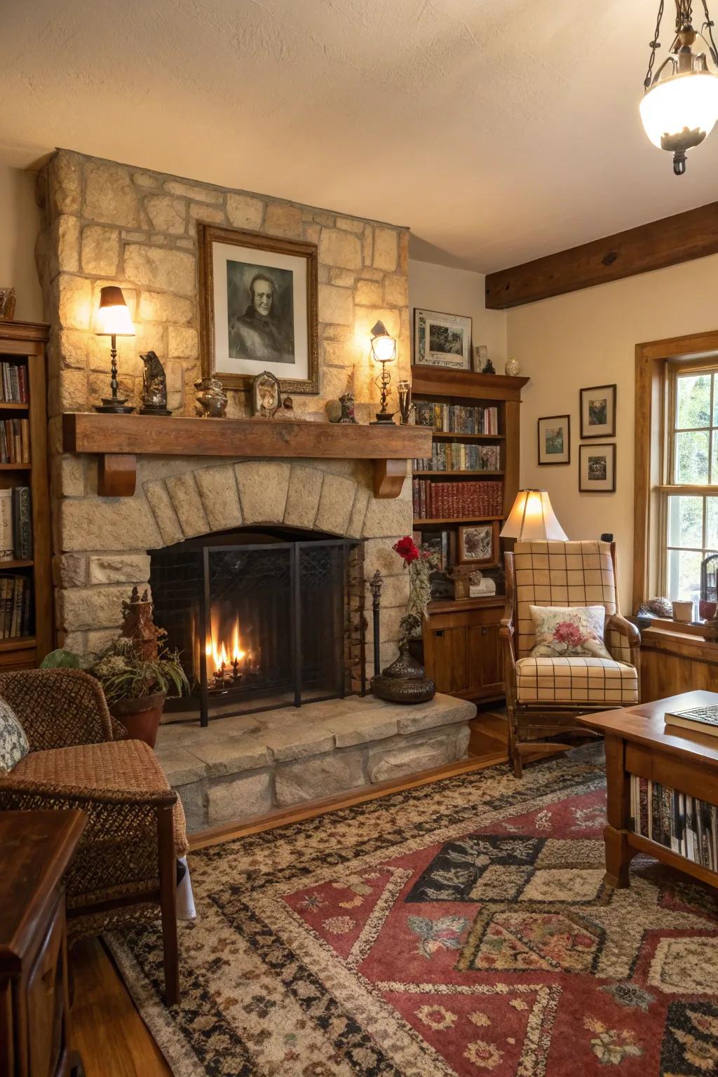 A warm fireplace, the heart of a farmhouse.