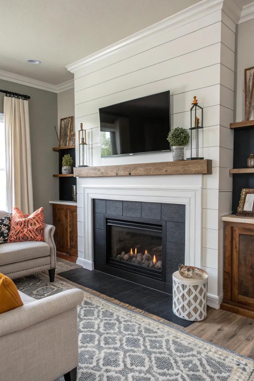 Dual-tone planking incorporates depth and contrast to your fireplace.