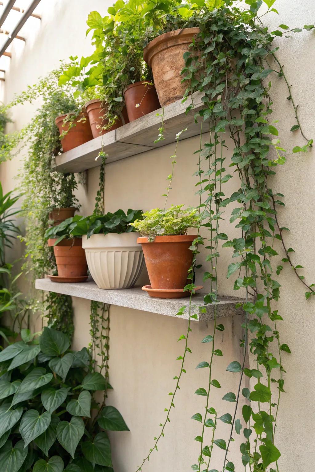 Floating shelves that invite nature indoors with rich greenery.