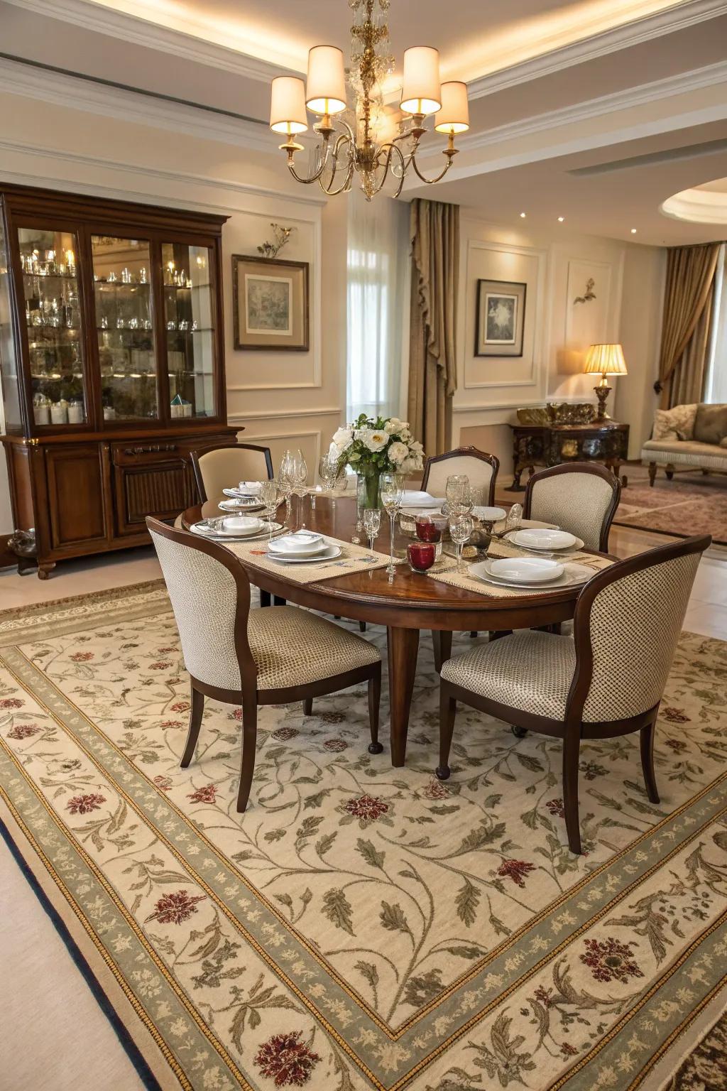 A well-chosen rug can define and warm up your dining area.