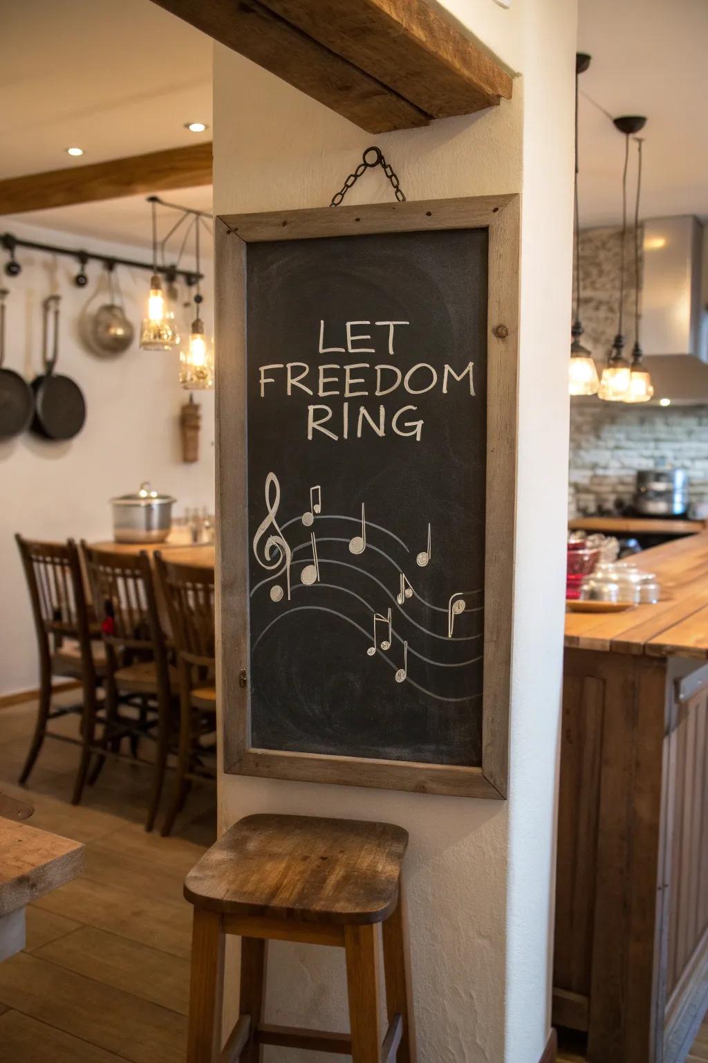 'Let Freedom Ring' chalkboard art with musical elements.