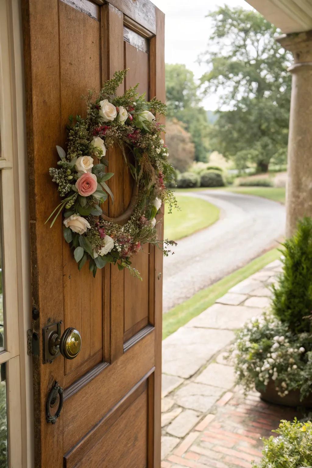 A floral seasonal wreath graces a front door.