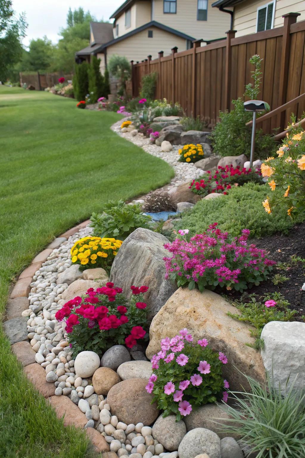 Hardscape elements lend an air of sophistication and structure to the flower beds.