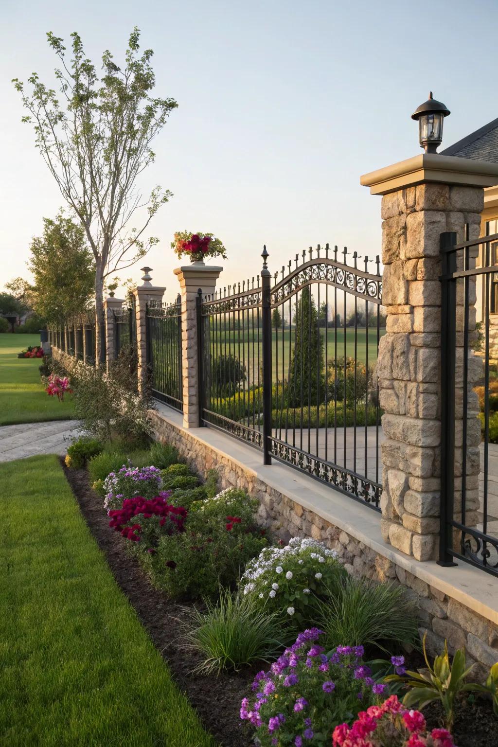 A wrought iron fence paired with stone pillars for a classic look.