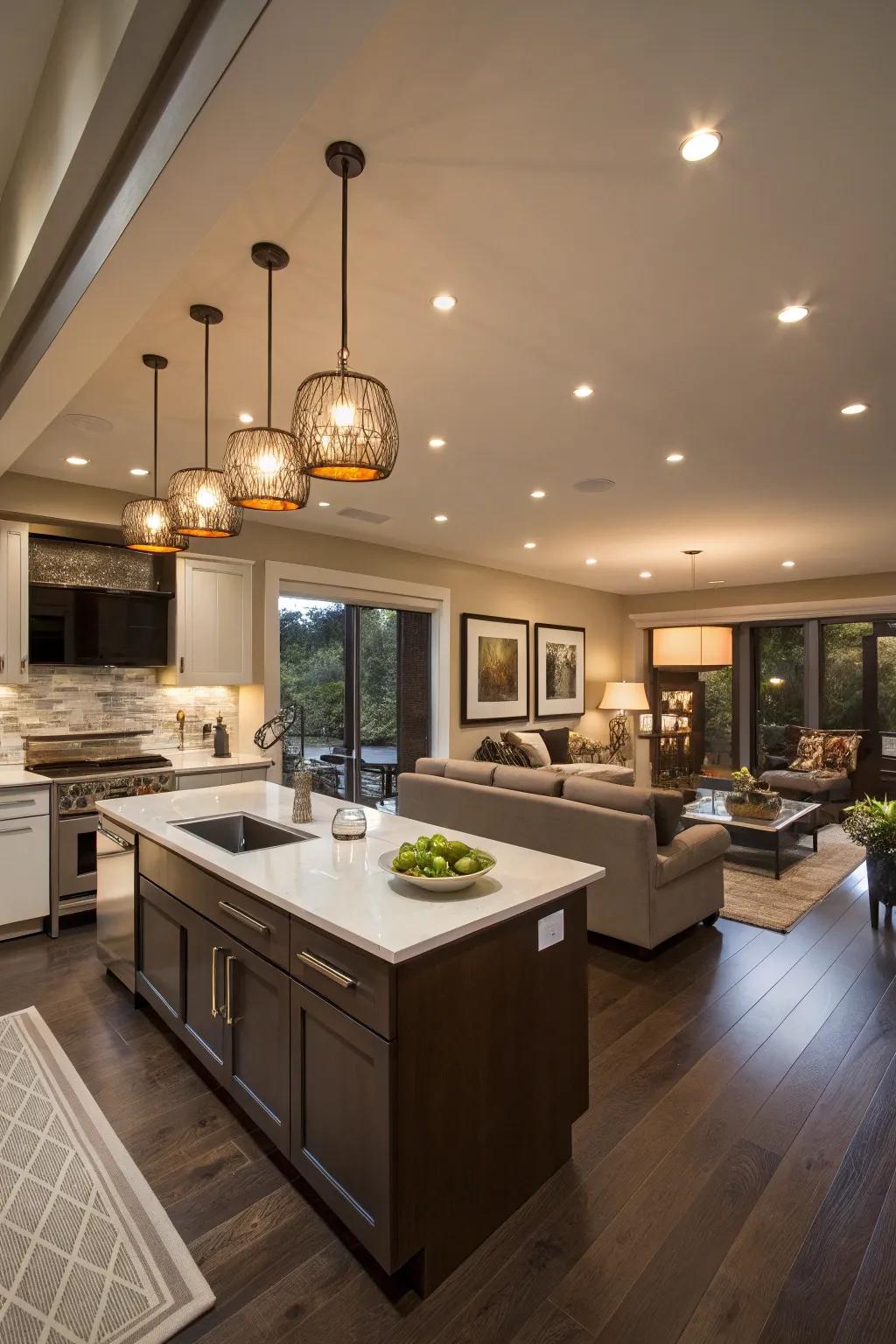 Lighting solutions emphasize individual zones while maintaining overall harmony.