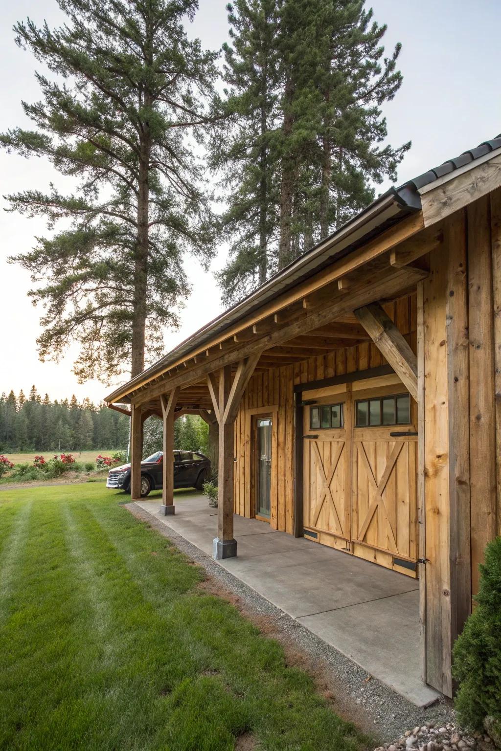 A countryside timber overhang appends charm and practicality to a garage.