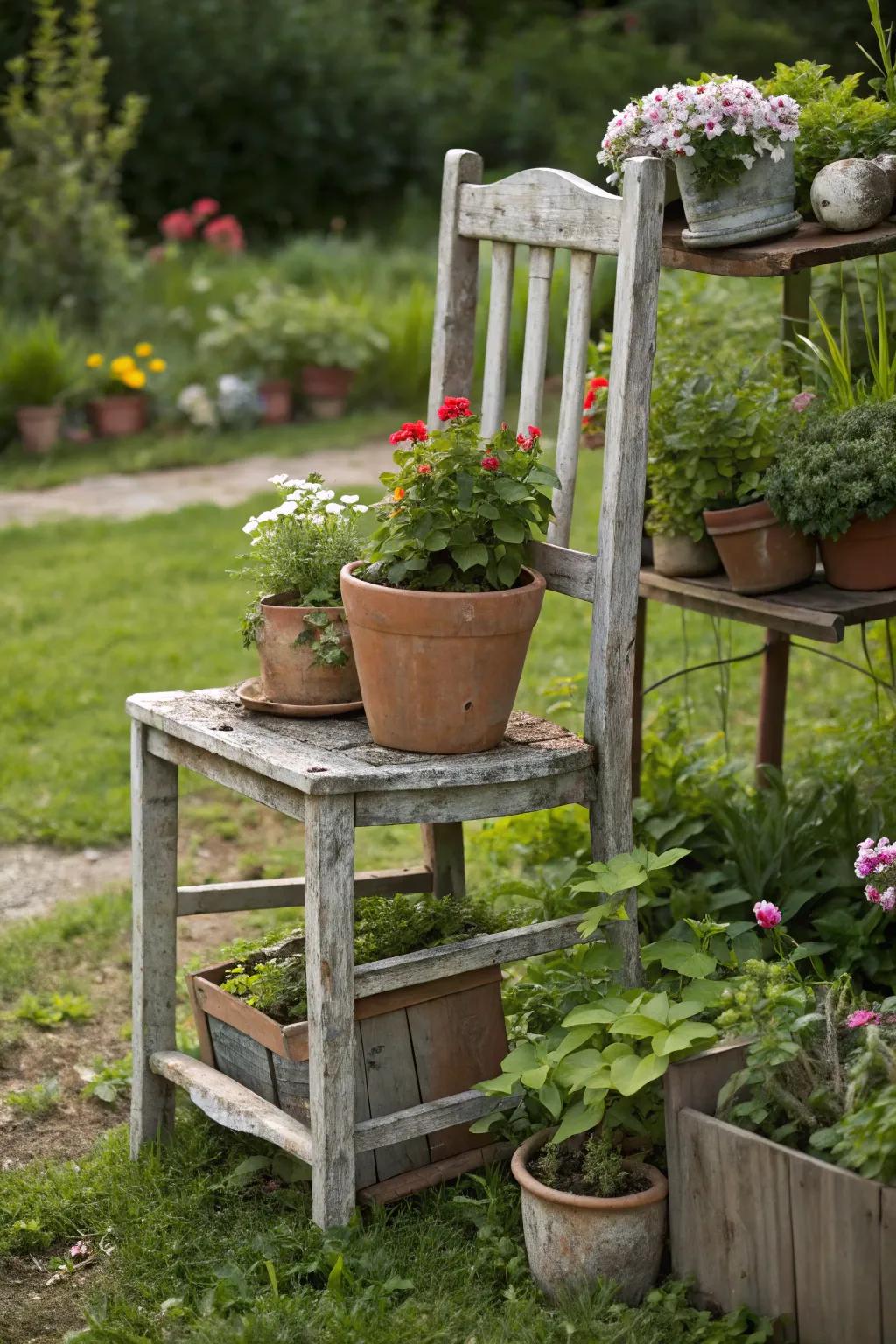 Aged furniture discovers new purpose as distinctive plant showcases.