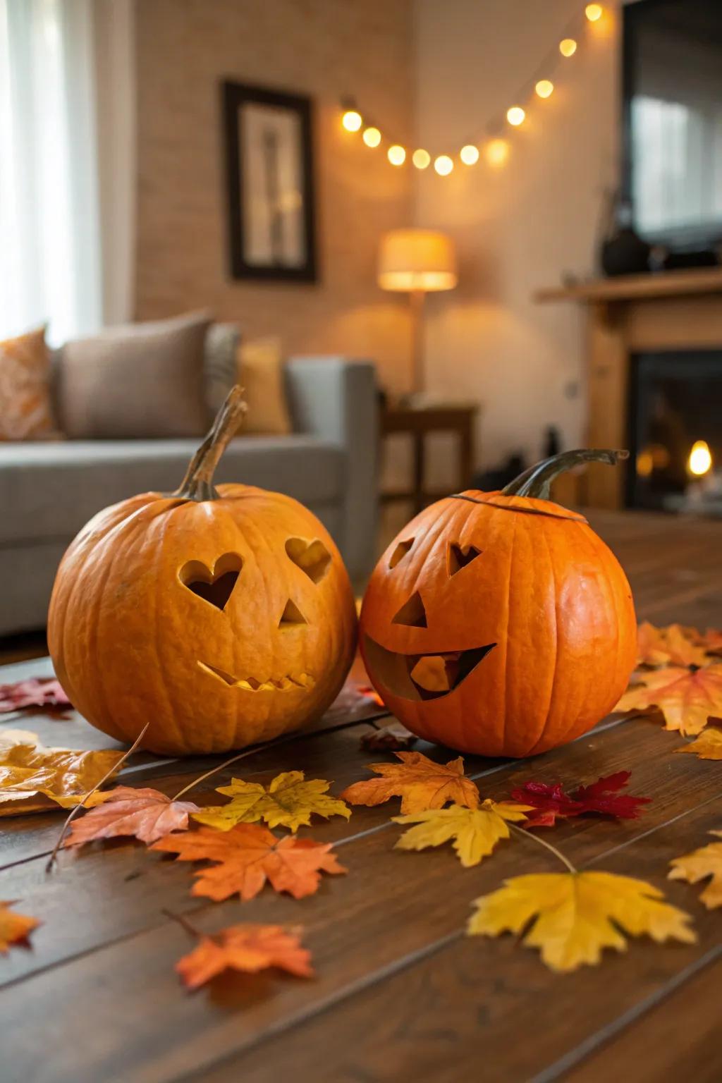An amorous duo of pumpkins exchanging a tender kiss, ideal for couples.