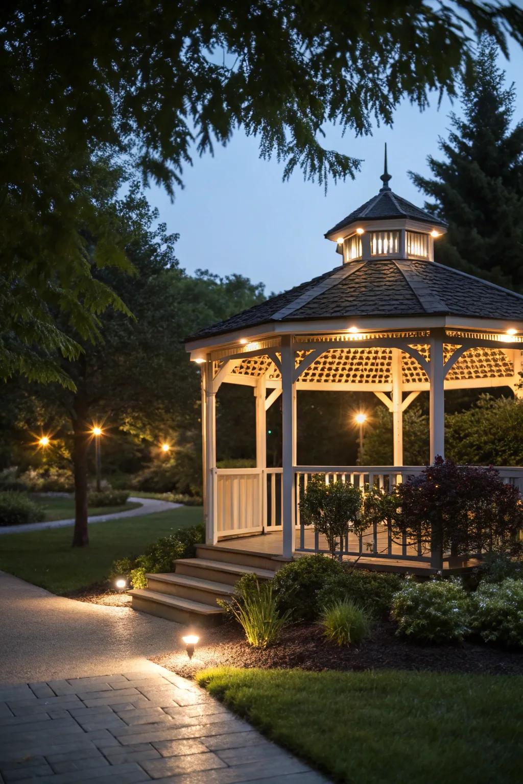 LED spotlights accentuating the gazebo's architecture.
