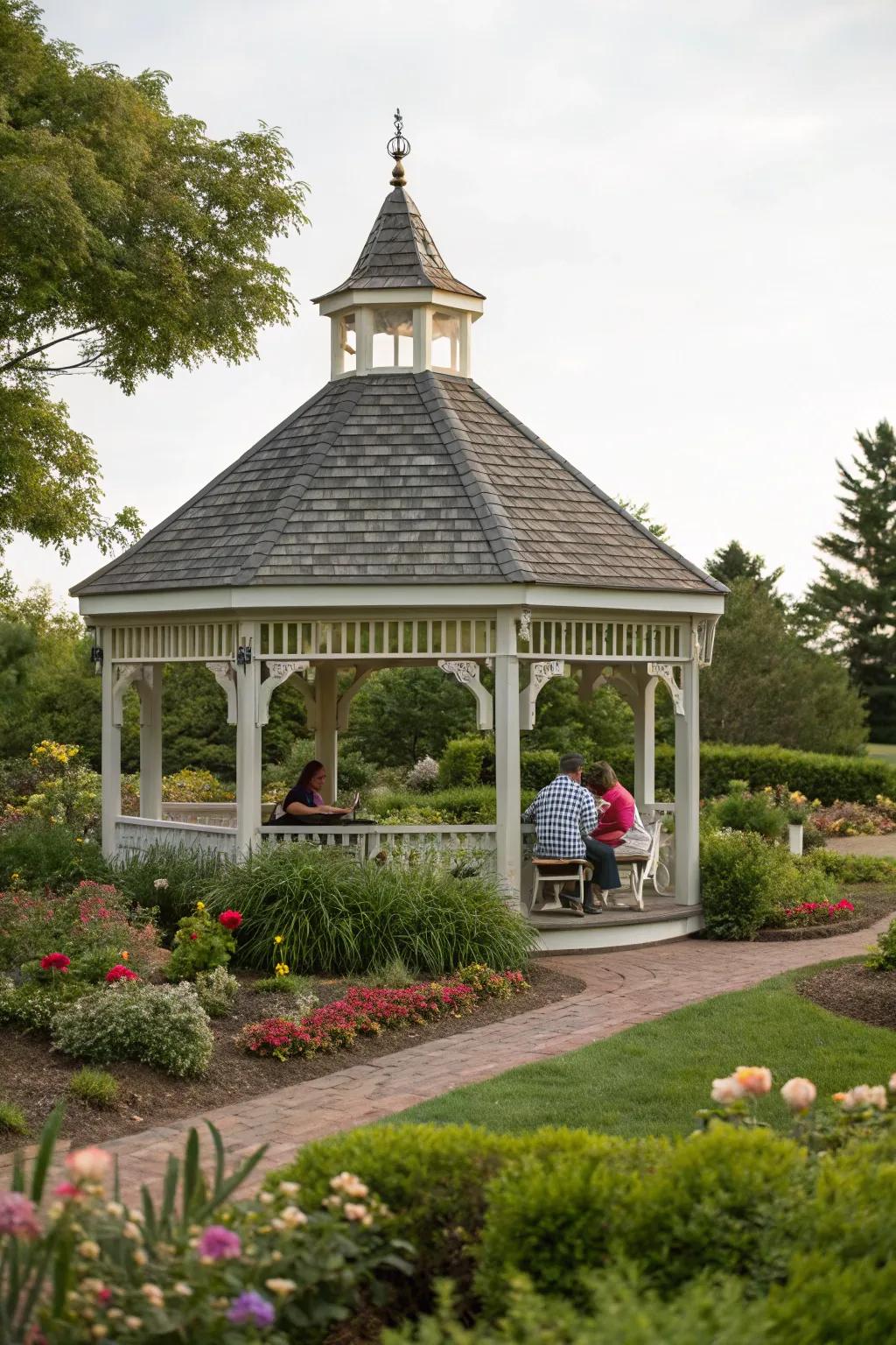 A timeless A-frame topped gazebo, ready for cherished family moments.