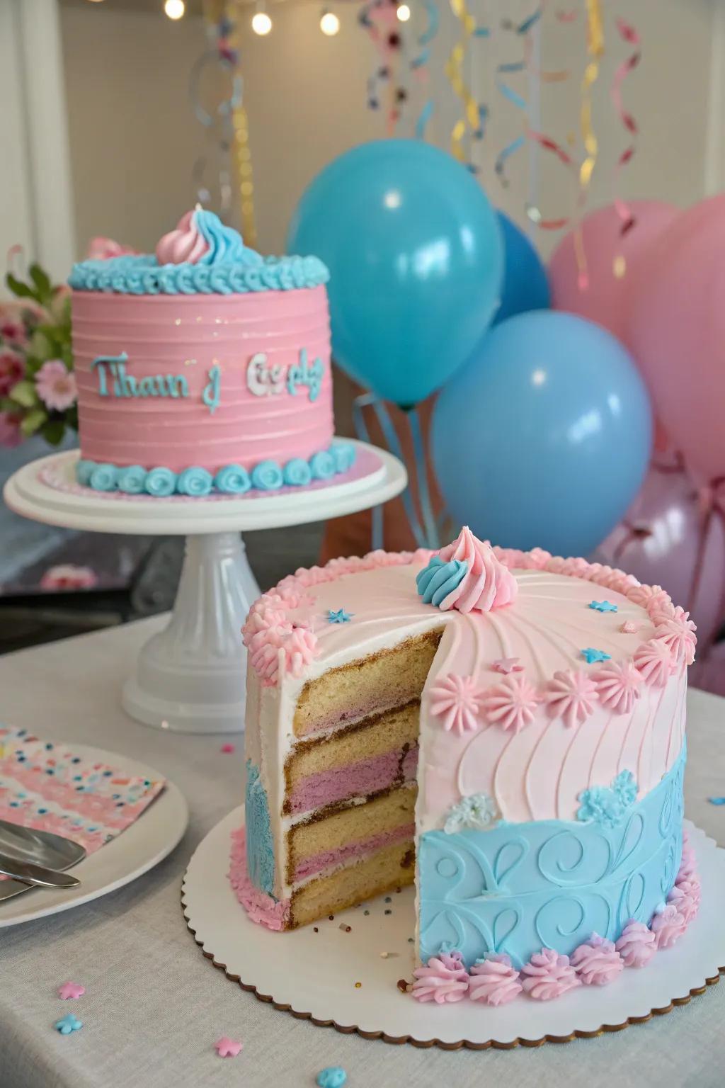 A stunning gender reveal cake ready to surprise guests.