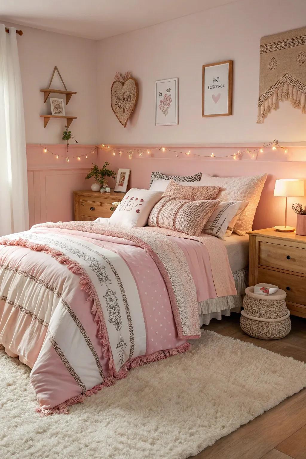 Layered textiles bring warmth and coziness to a shared girls' room.