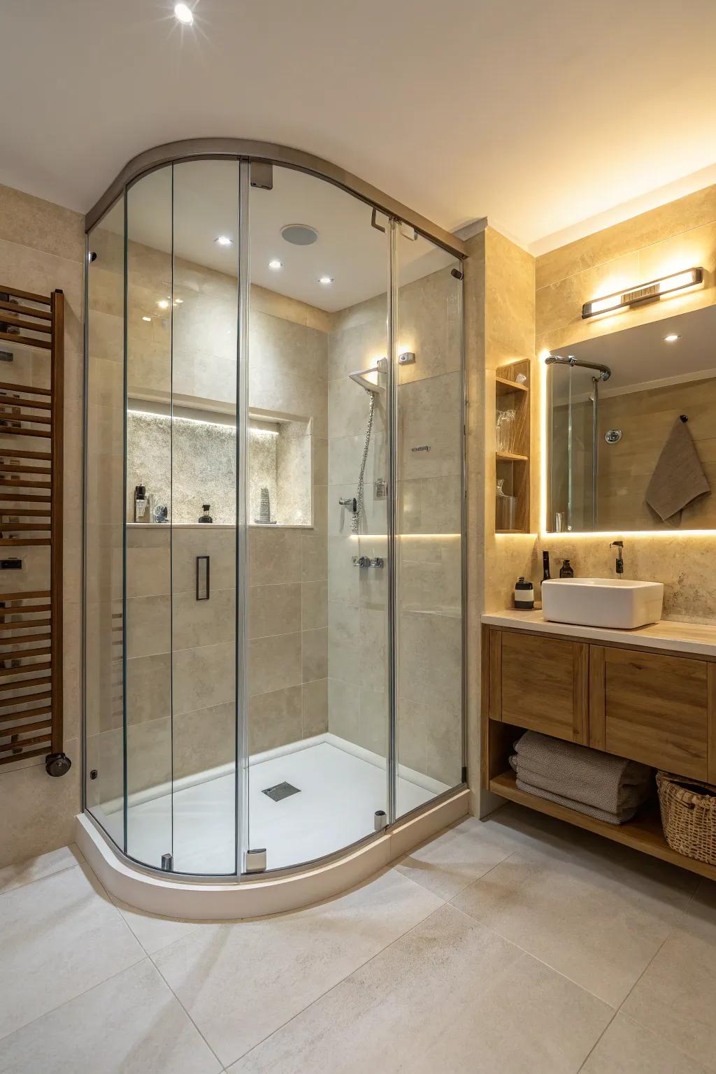 Curved glass showers introduce a touch of elegance with their gentle lines.