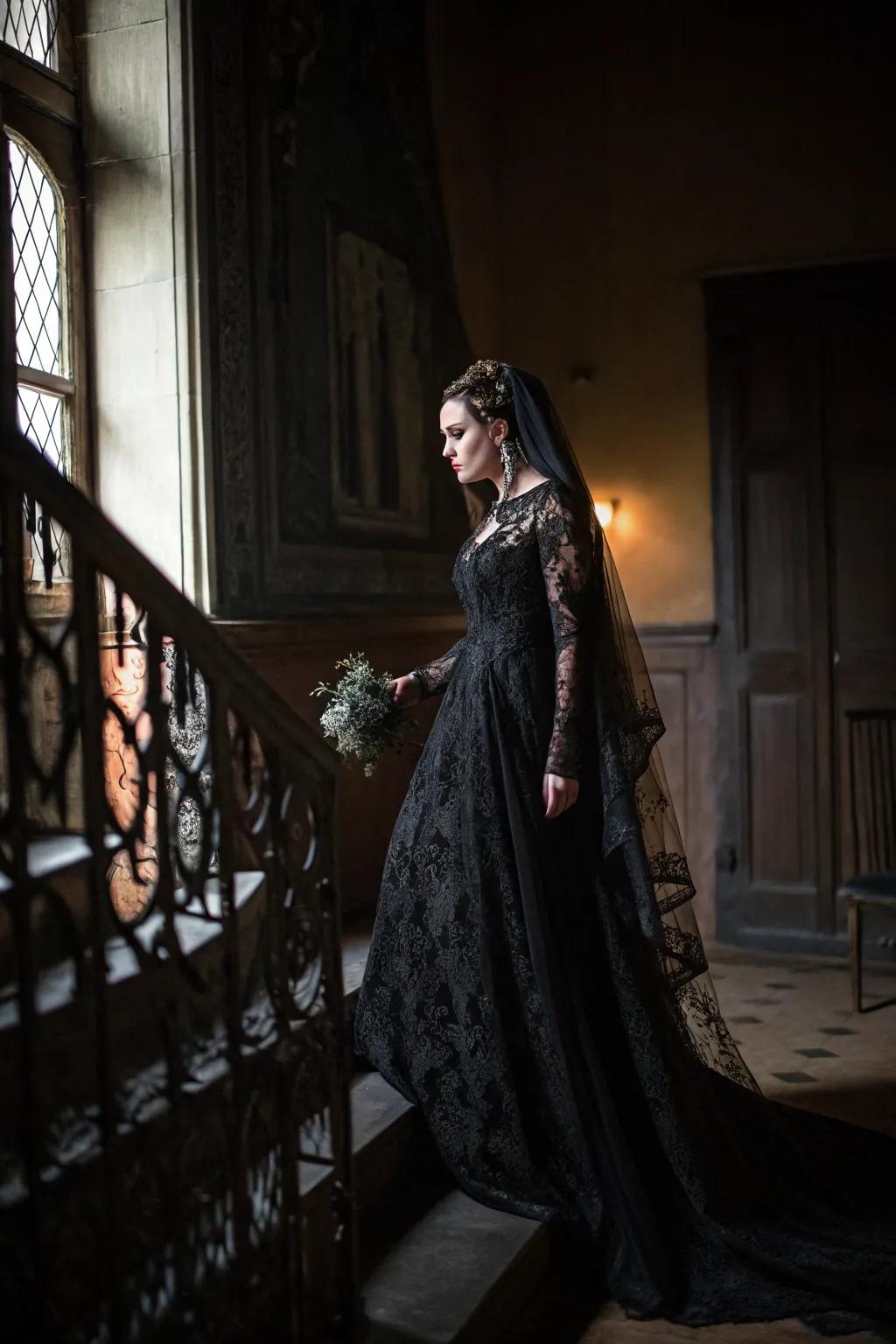 A Gothic bride showcased in a captivating black lace wedding dress.
