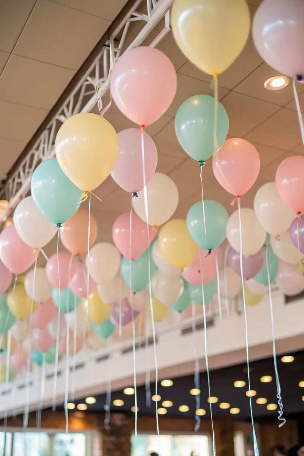 Suspended balloons turn the ceiling into a captivating scene.