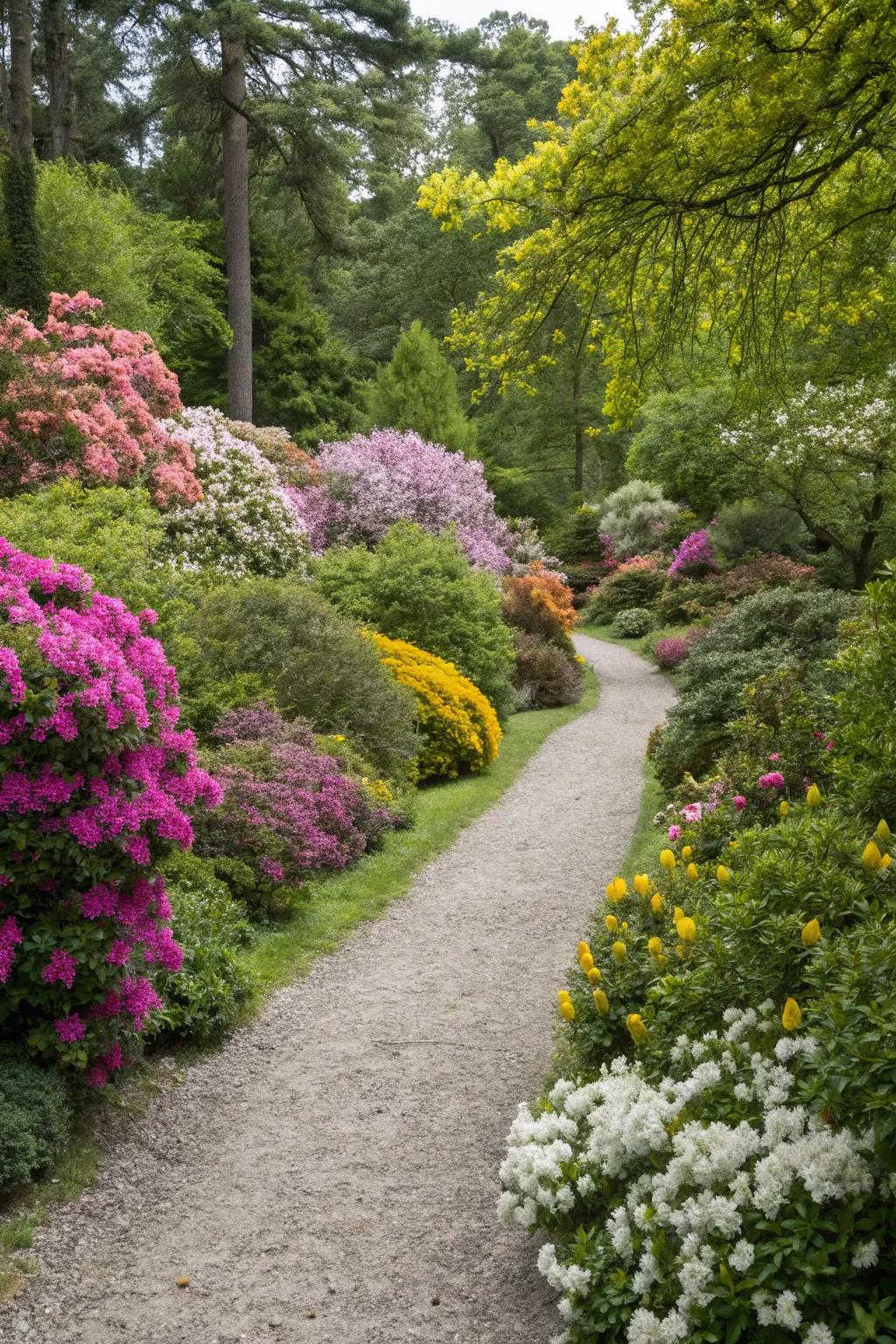Abundant greenery adds vibrancy to a gravel walkway.