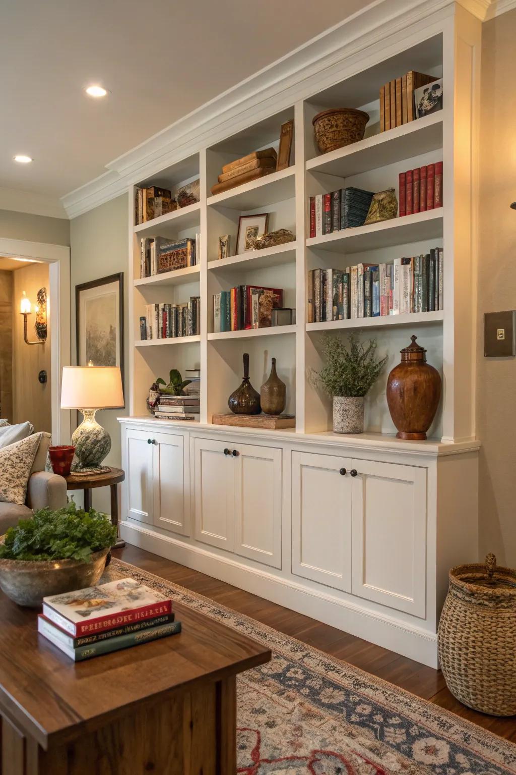Built-in shelves that add storage and aesthetic to the great room.