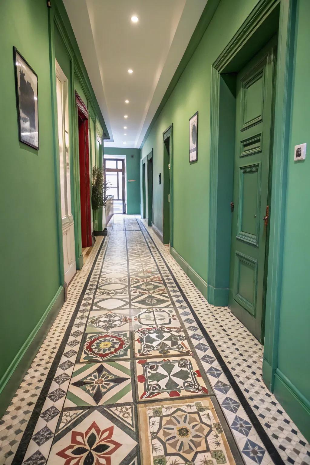 Mosaic tiles introduce a modern flair to this green-themed hallway.