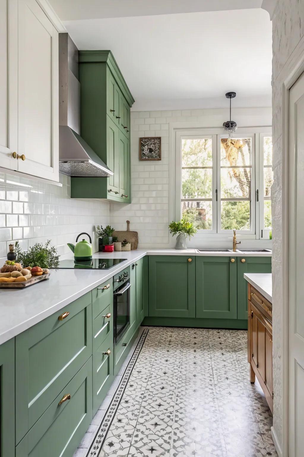 Bright white walls complementing green cabinets for a refreshing ambiance.