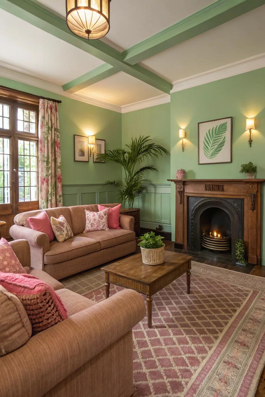 Gentle pink and earthy brown highlights enrich this green-themed area.