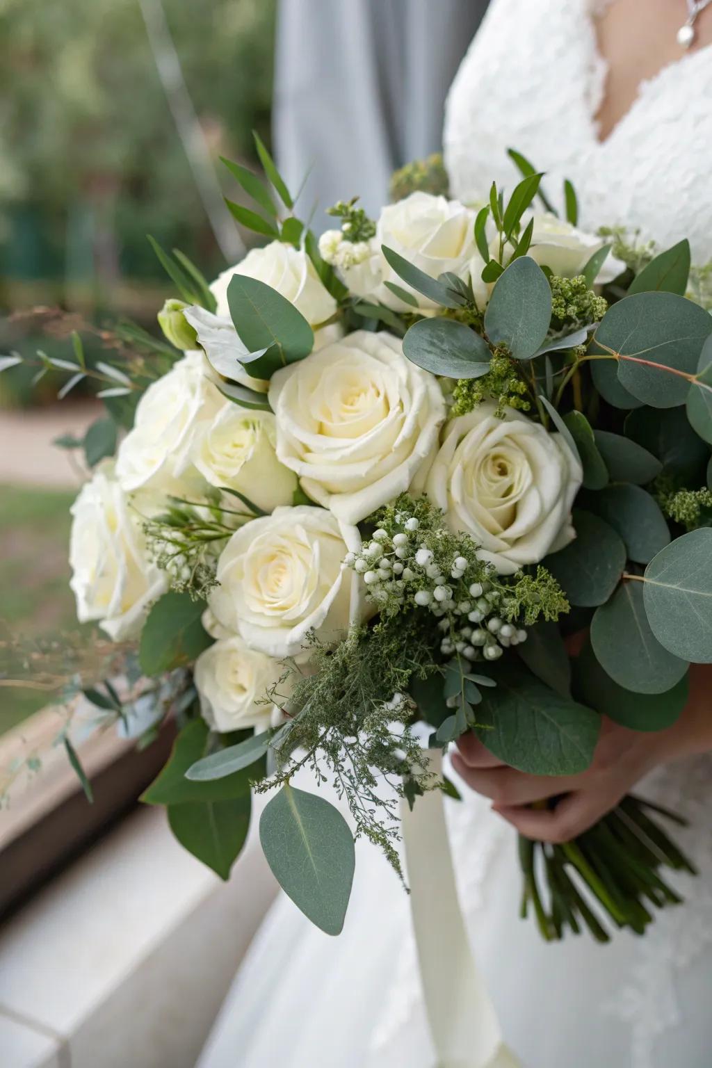 Bridal bouquet showcasing lush greenery and elegant ivory roses.