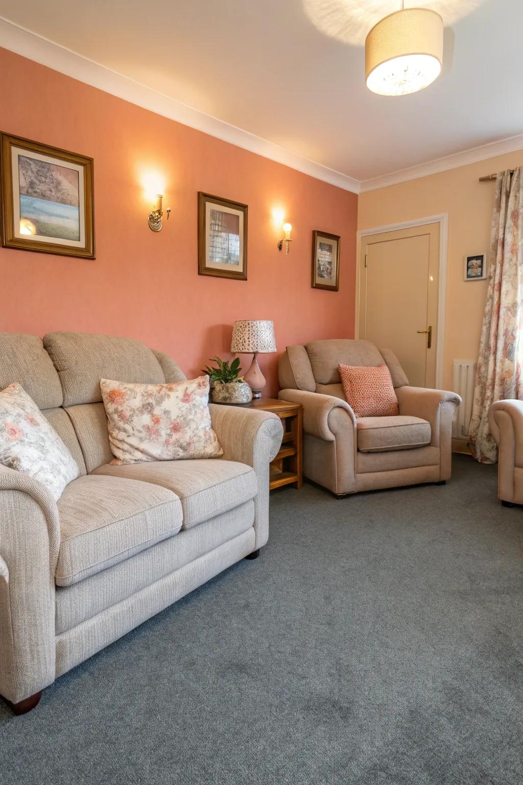 Peach-toned walls radiate allure and coziness with gray carpets.