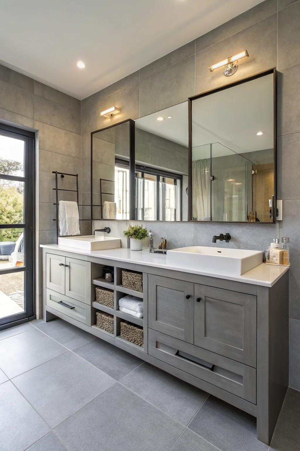 Double vanities provide both function and style in shared bathrooms.