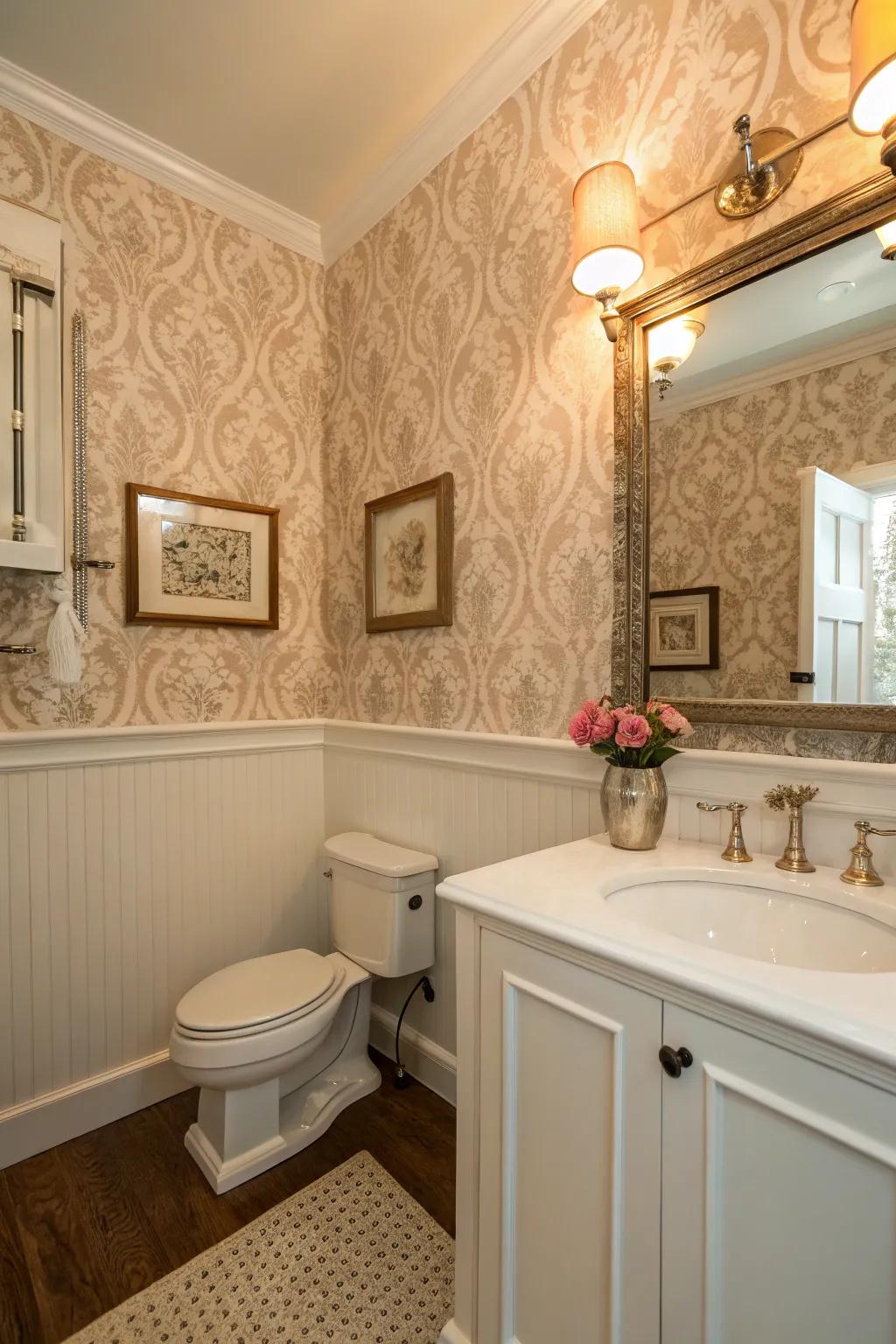 Wainscoting introduces dimension and texture to wallpapered walls.