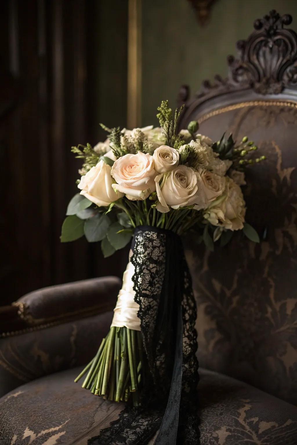 Lace-swathed bouquets lend a vintage charm to wedding decor.