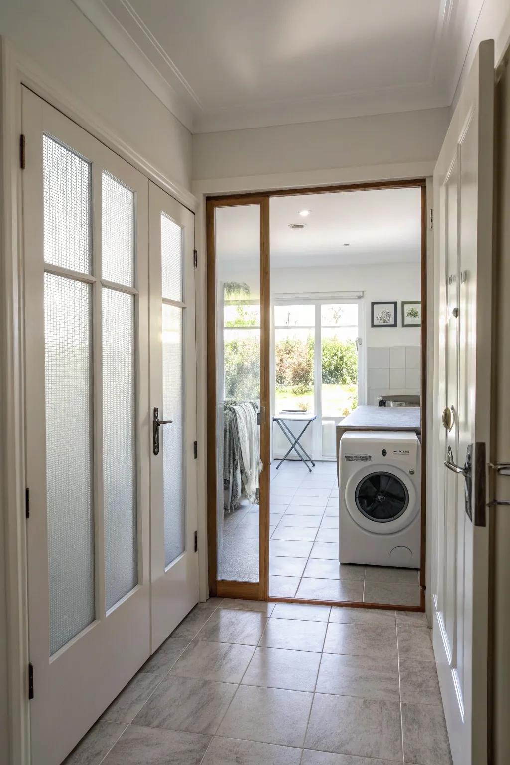 Opaque glass doors brighten and enlarge a hallway laundry room.