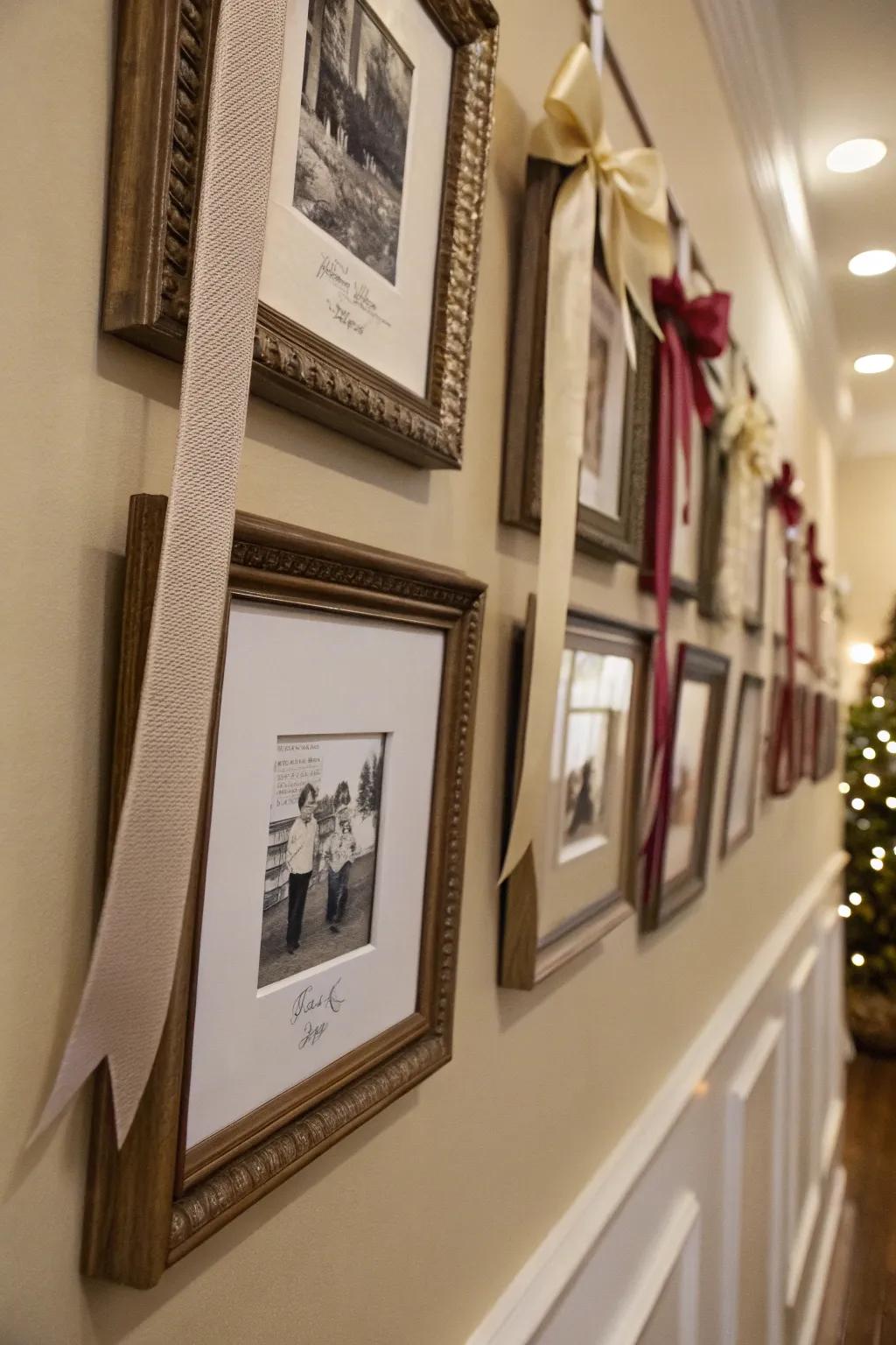 Picture frames adorned with ribbon bows, adding a whimsical touch.