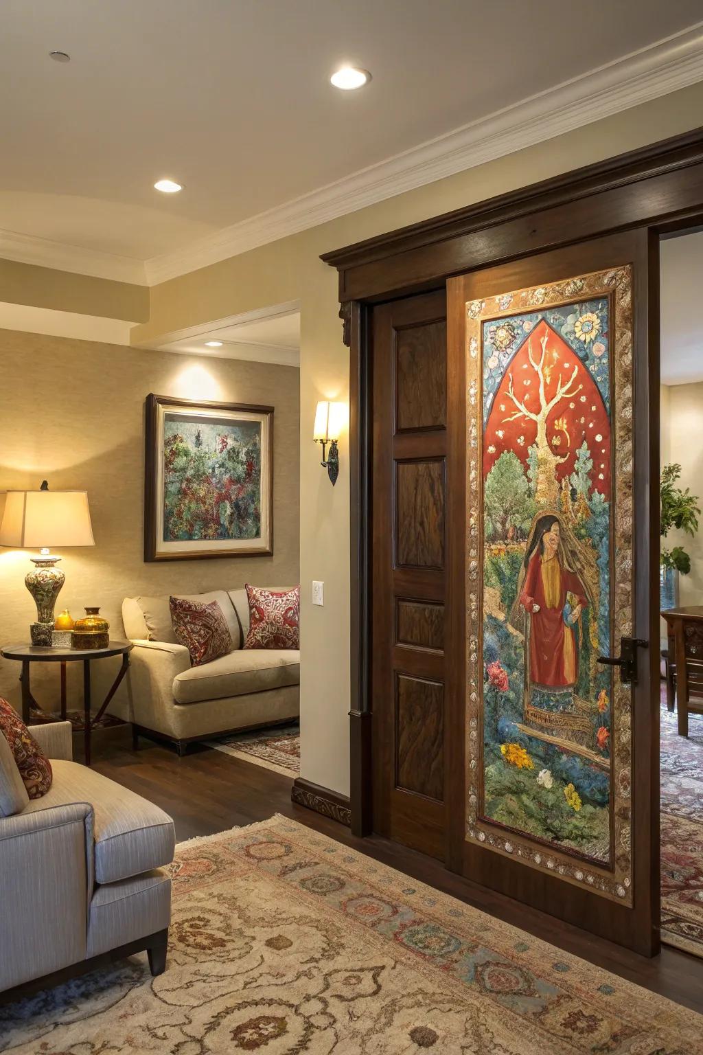 A living room featuring a secret door concealed behind artwork.