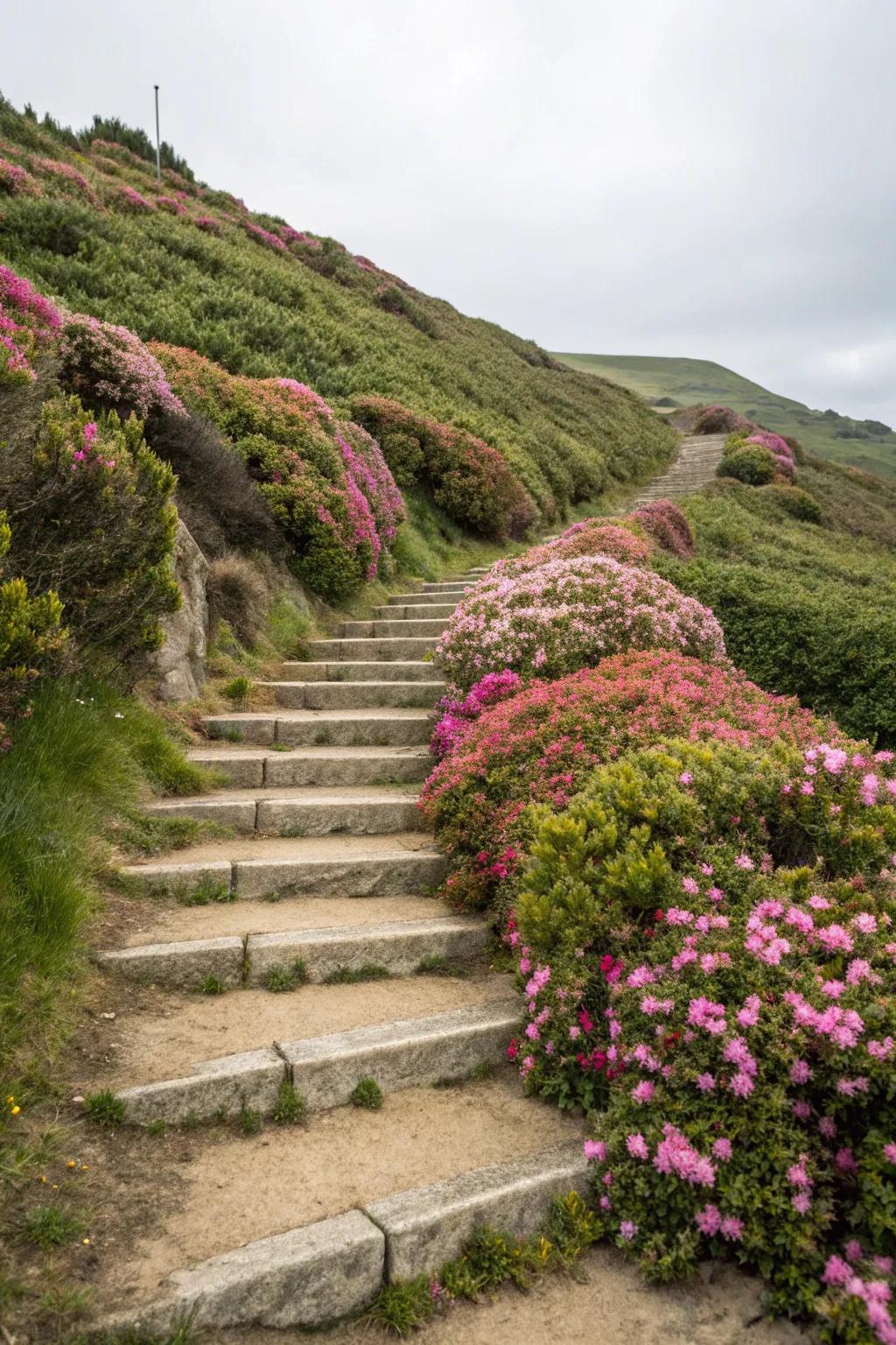 Lush greenery elegantly frames steps, merging them into the landscape.
