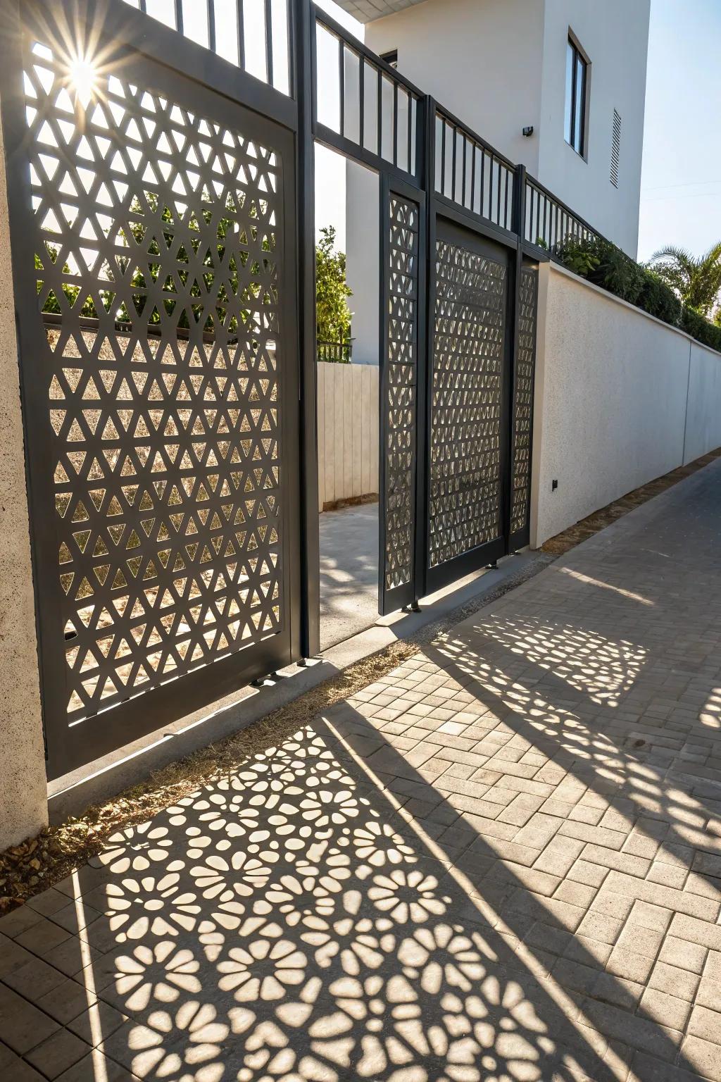 Perforated gates offer privacy and artistic detail.