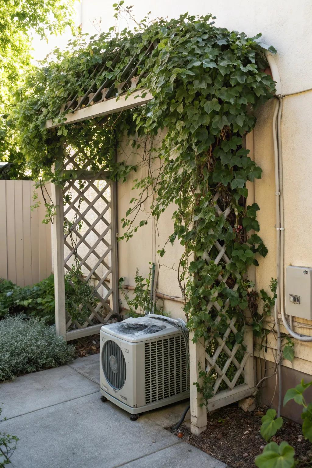 A decorative trellis with climbing plants provides shade and aesthetic appeal.