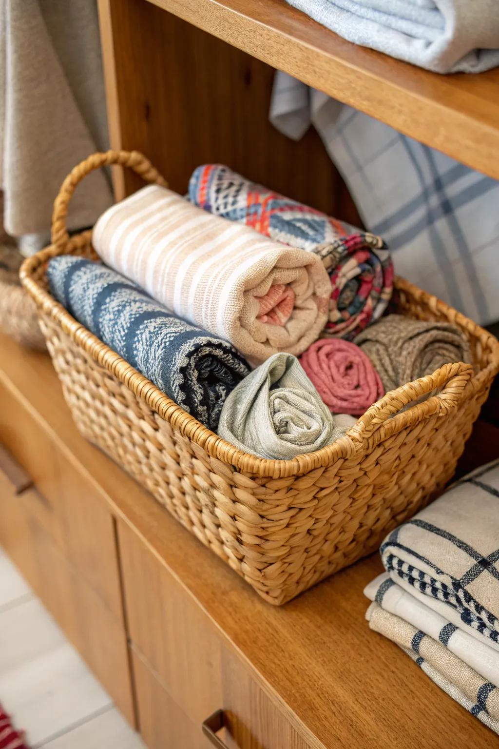 Woven baskets merge aesthetic elegance with practical use.