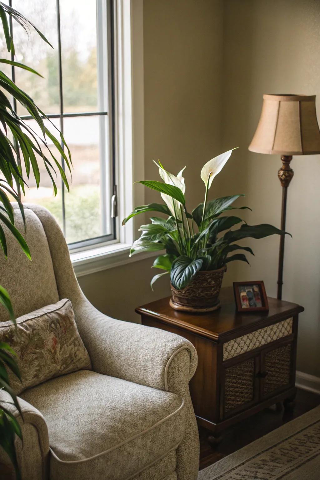 Forge a tranquil escape incorporating a Serenity Lily within a cozy corner.