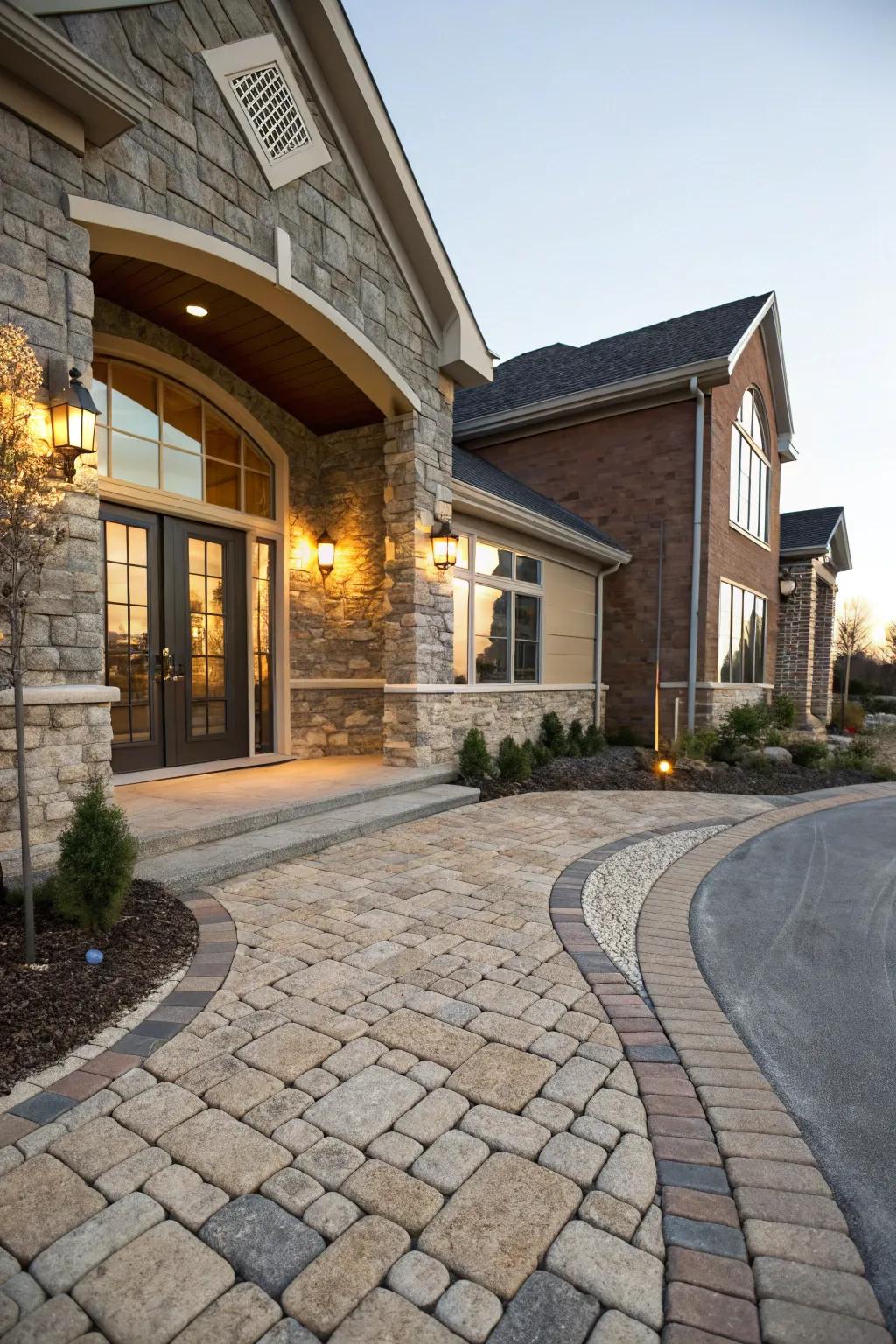 A textured entrance with a mix of pavers and stonework.