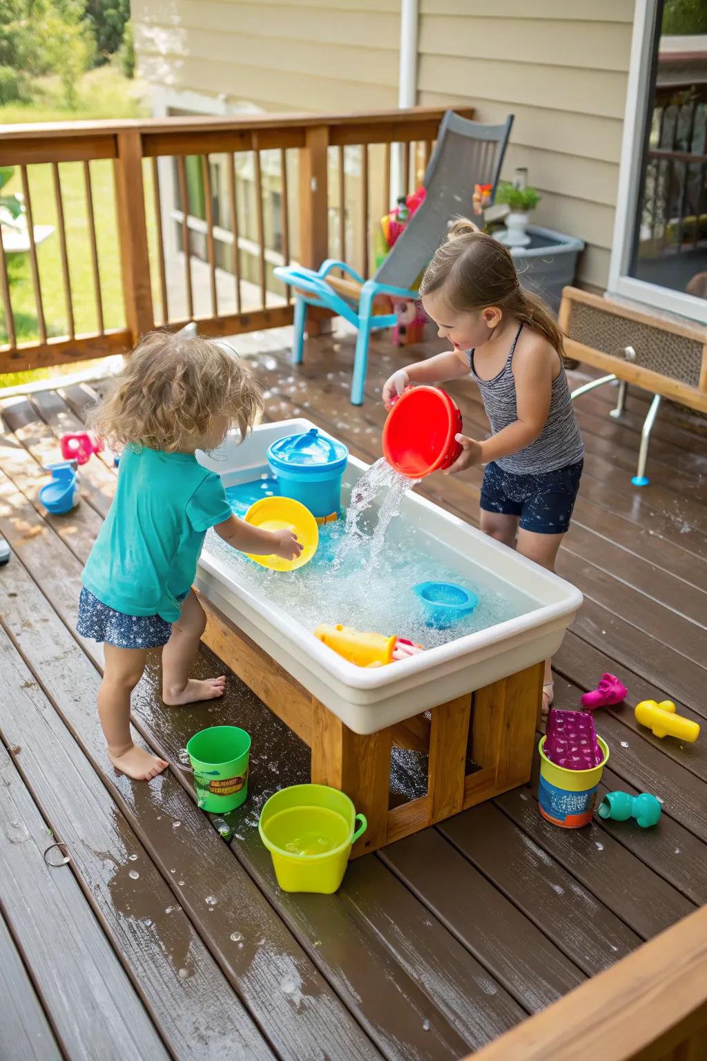 A deck featuring a water table where kids are happily splashing, with water toys all around.