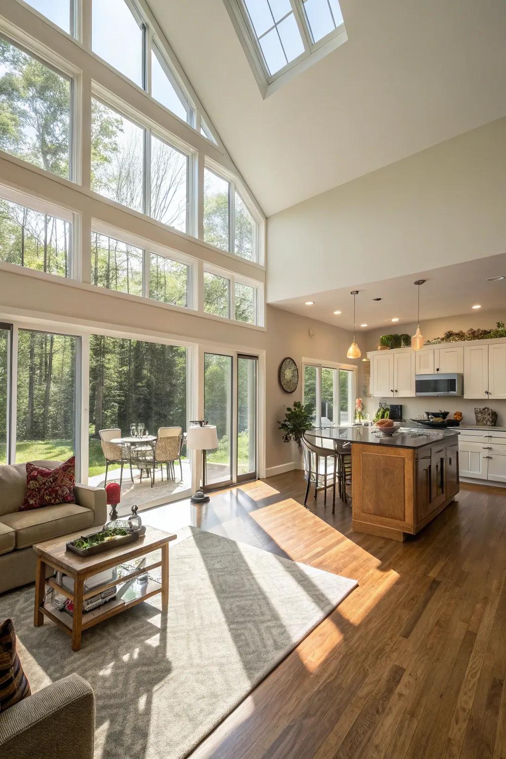 Sunlight pours into an open living area, enhancing its warmth.