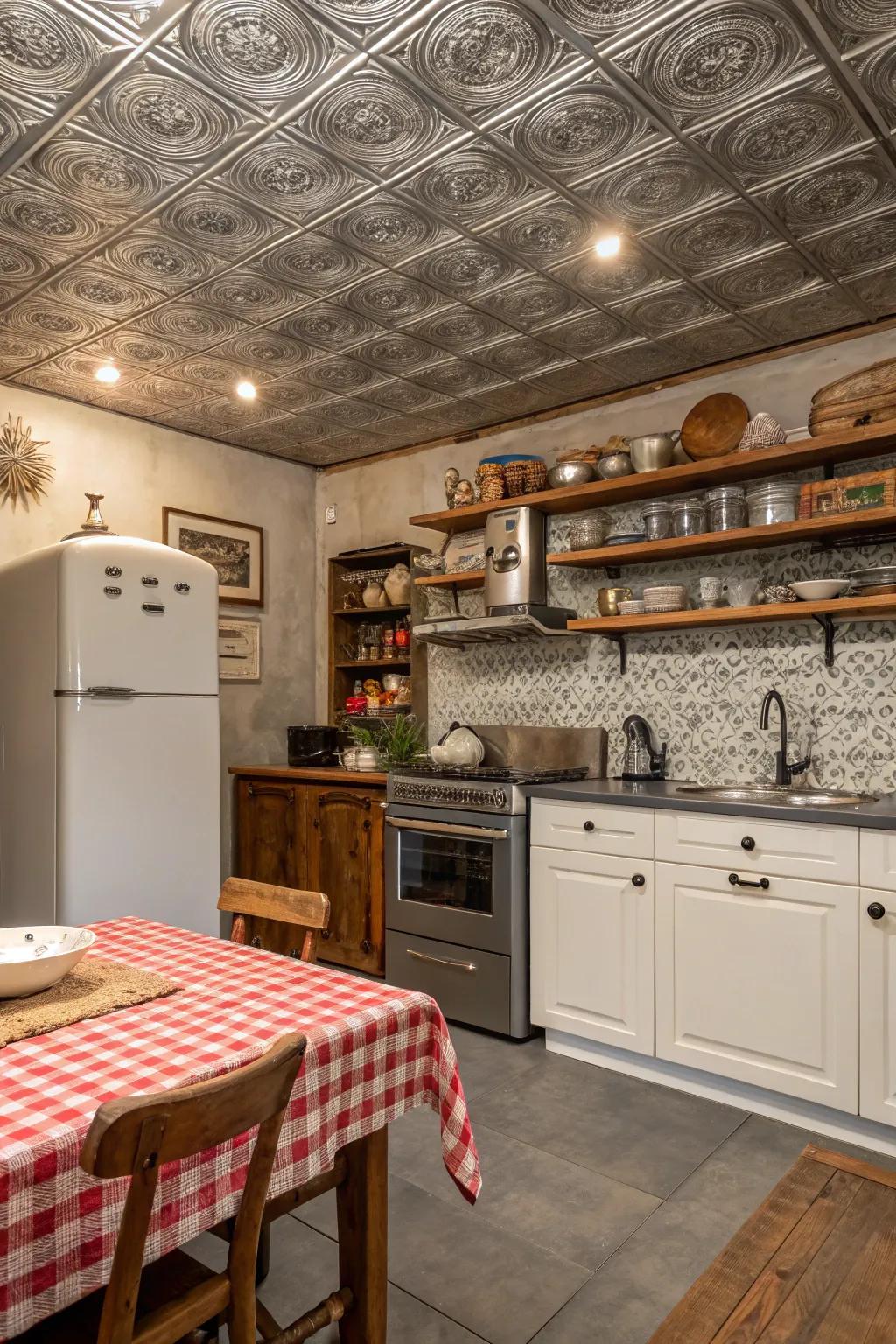 Recreate a vintage atmosphere using tin ceiling tiles in your kitchen space.