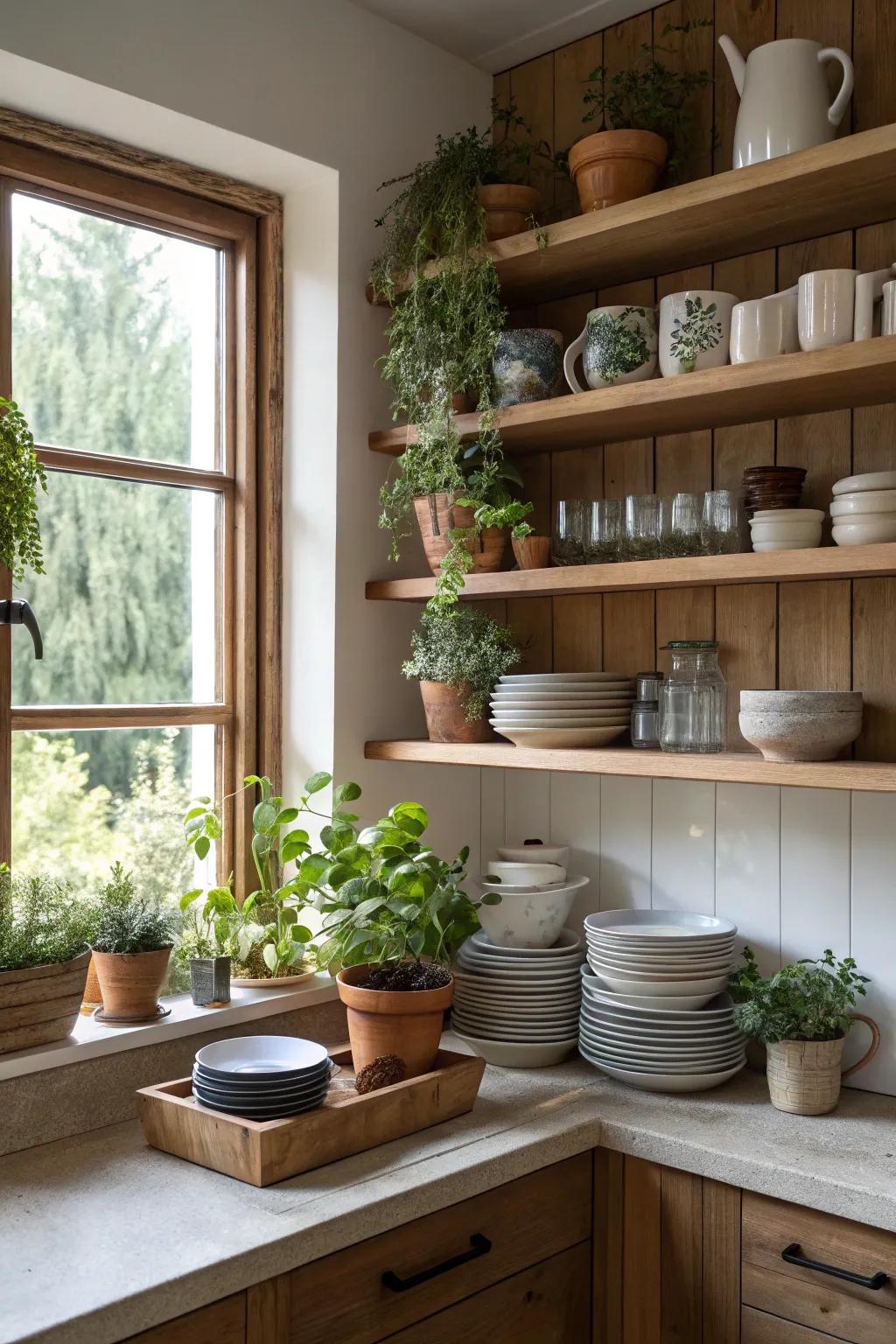 Exposed shelves turn corners into a fashionable display zone.