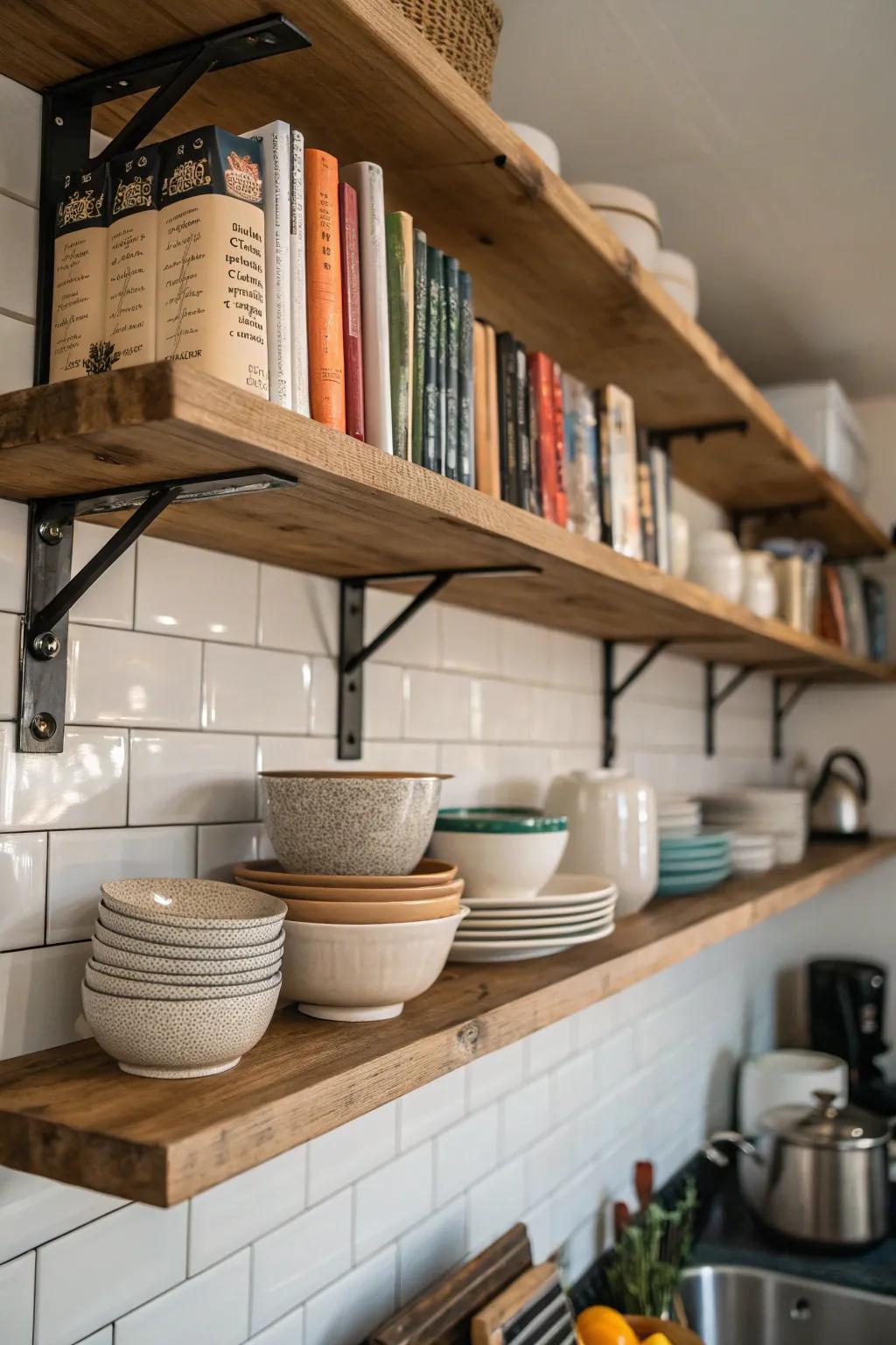 Mixed material shelves for a modern look.