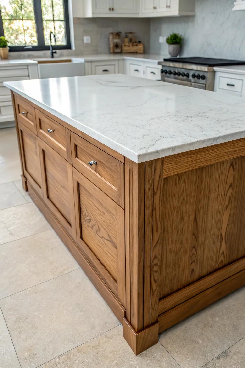 Mixed materials on the kitchen island create a stunning visual appeal.