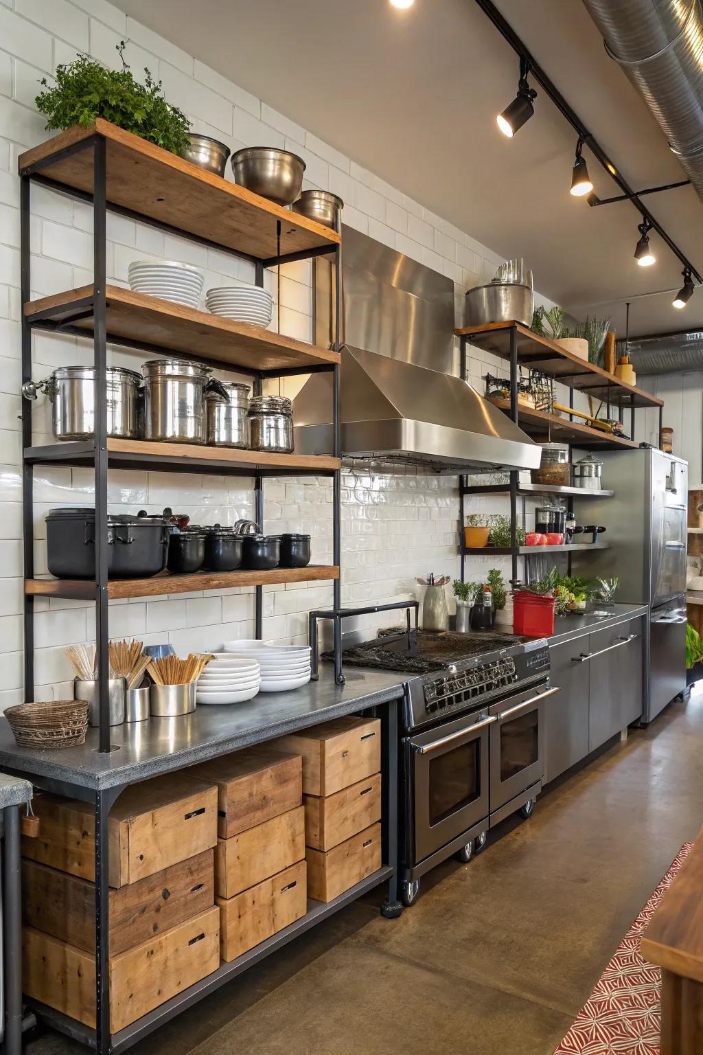 The industrial blend of wood and metal creates a distinctive kitchen style.