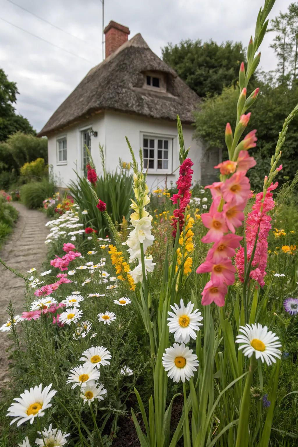 A charming cottage garden featuring gladiolus for a nostalgic touch.