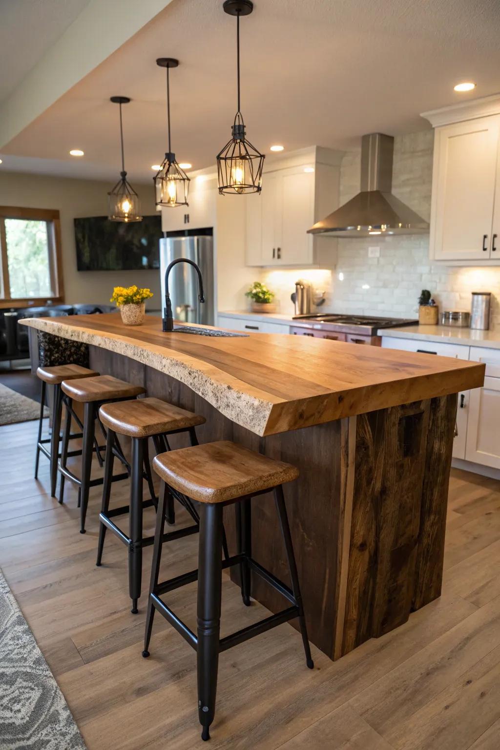 An attractive kitchen island featuring a raw edge countertop that's great for get-togethers.